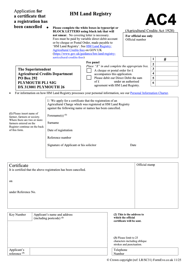 AC4 Application for a certificate that a registration has been cancelled Agricultural Credits Act 1928 preview