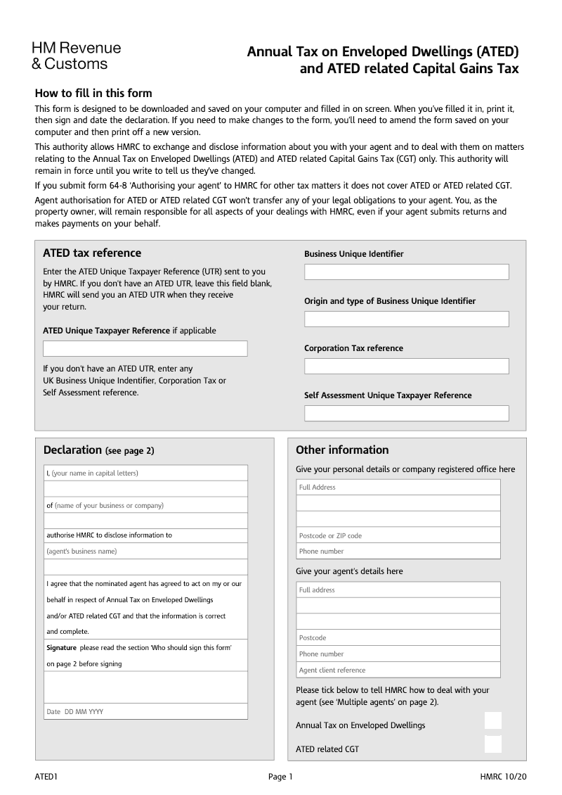 ATED1 Authorising your agent Annual Tax on Enveloped Dwellings ATED and ATED related Capital Gains Tax preview