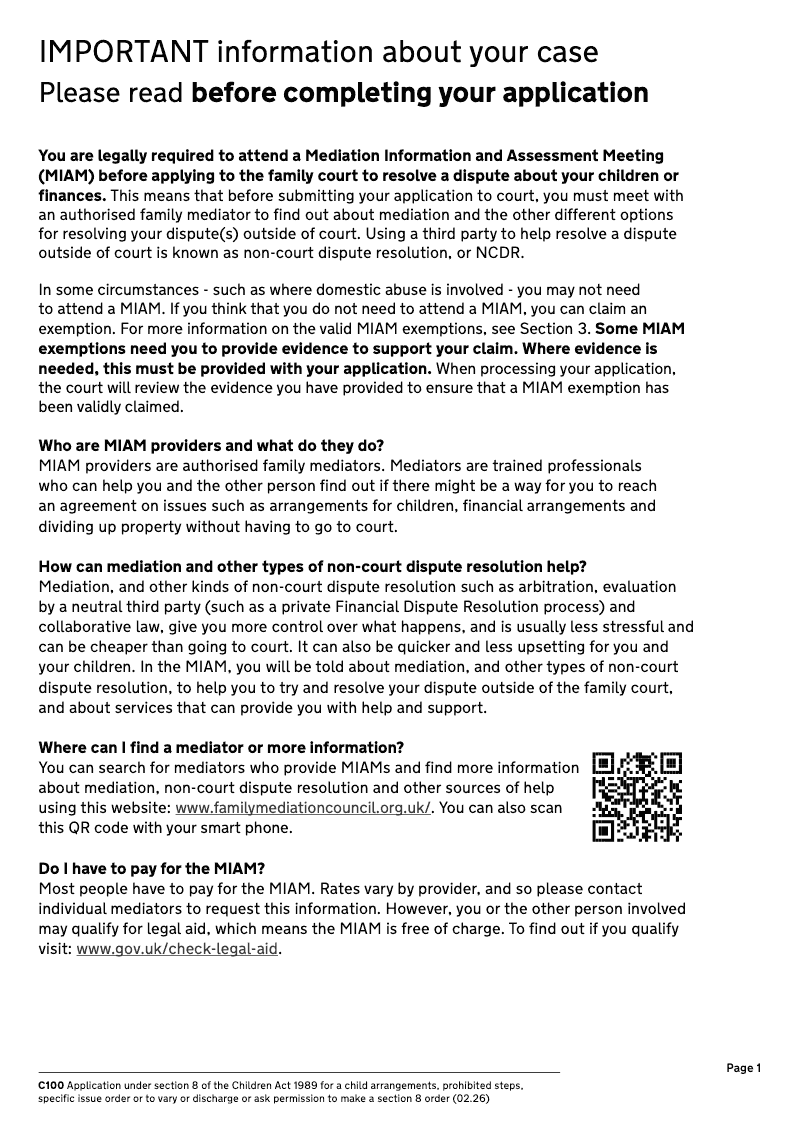 C100 Application under section 8 of the Children Act 1989 for a child arrangements prohibited steps specific issue order or to vary or discharge or ask permission to make a section 8 order preview