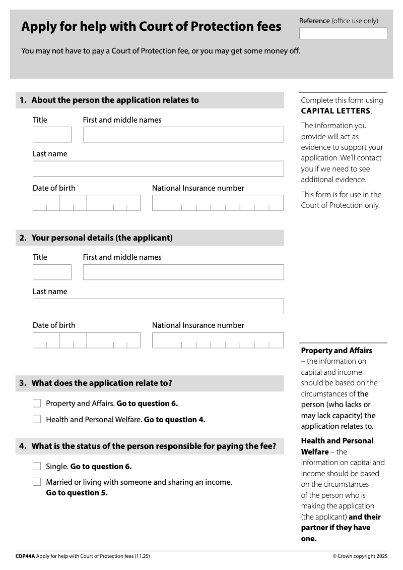 COP44A Apply for help with Court of Protection fees preview