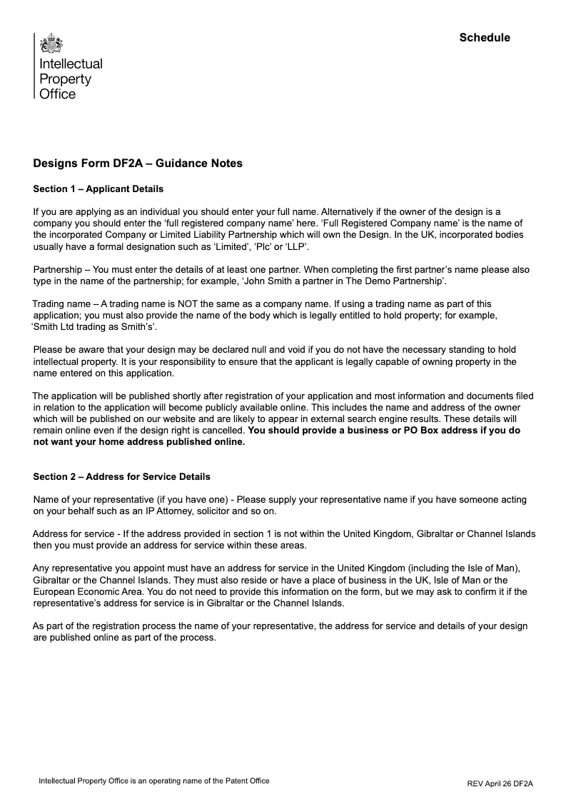 DF2A Notes on filling in the application form DF2A Application to register one or more designs preview