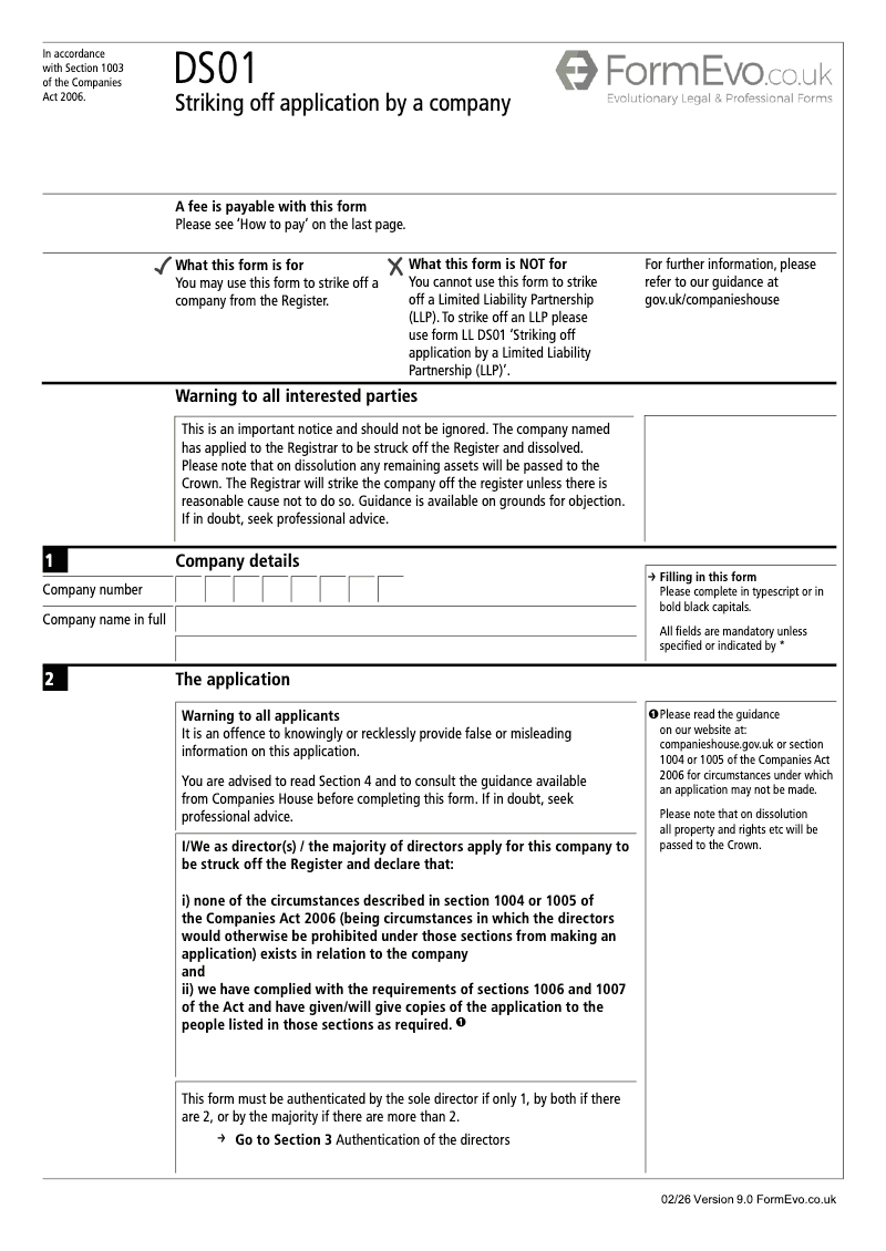 DS01 Striking off application by a company Section 1003 preview