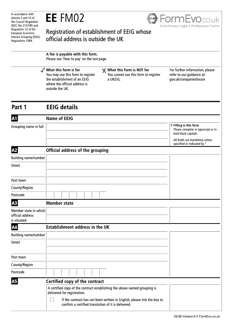 EE FM02 Statement of name establishment address in the UK and members of an EEIG whose official address is outside the UK preview