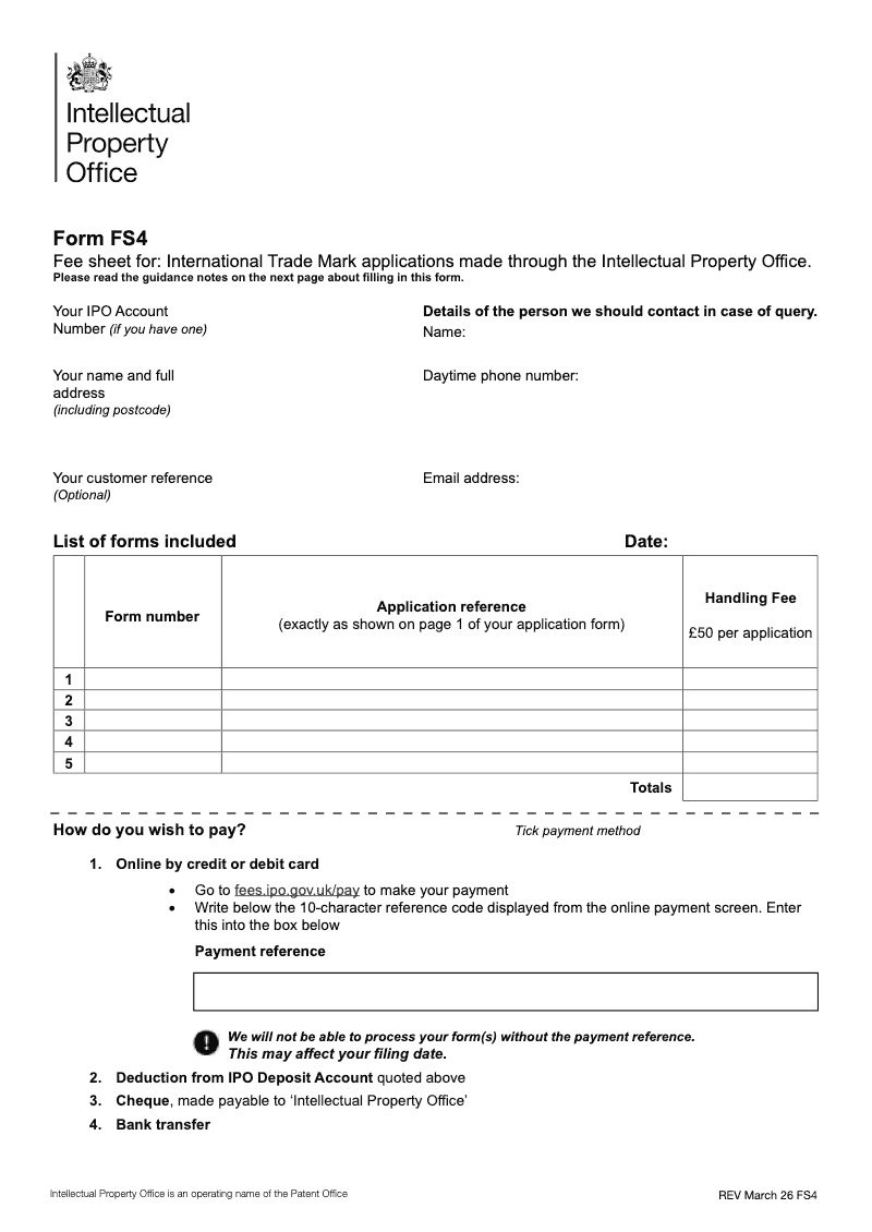 FS4 Fee Sheet for International Trade Mark applications made through the Intellectual Property Office preview