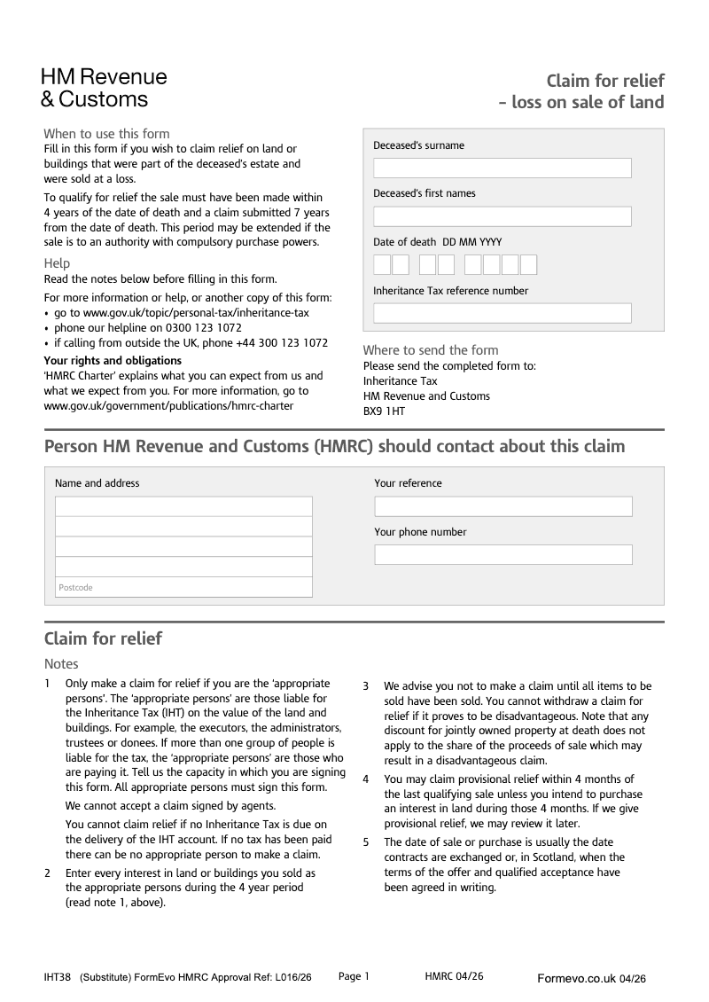 IHT38 Claim for relief loss on sale of land preview