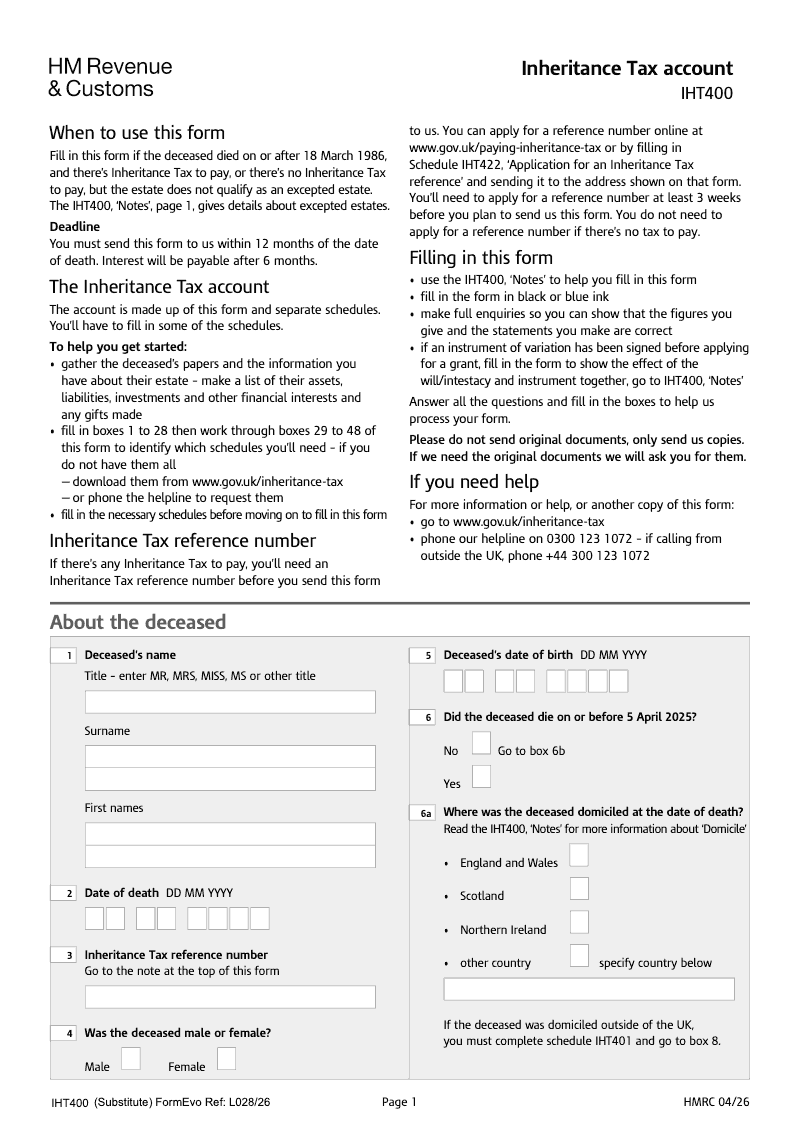 IHT400 Inheritance Tax account preview