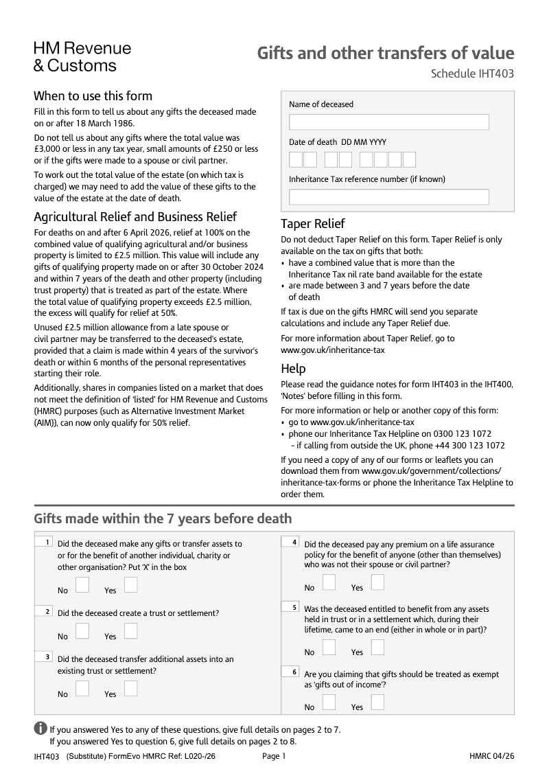 IHT403 Gifts and other transfers of value Schedule IHT403 preview