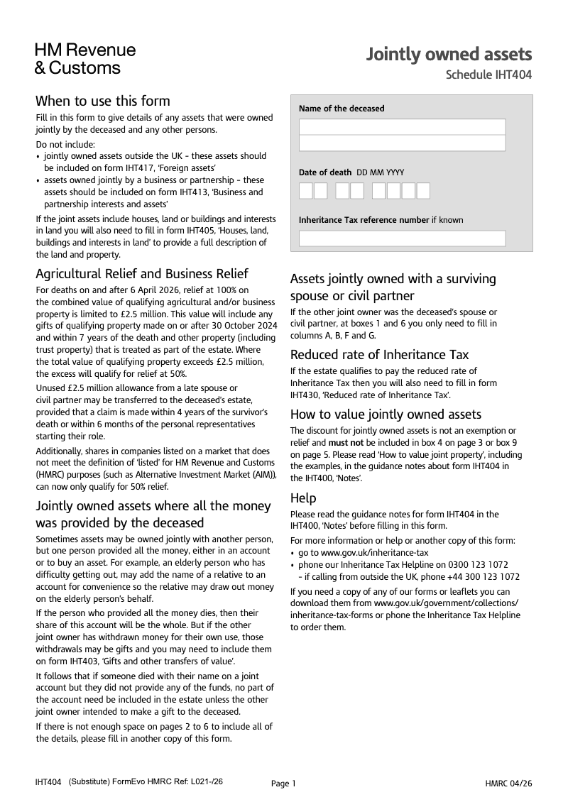 IHT404 Jointly owned assets Schedule IHT404 preview