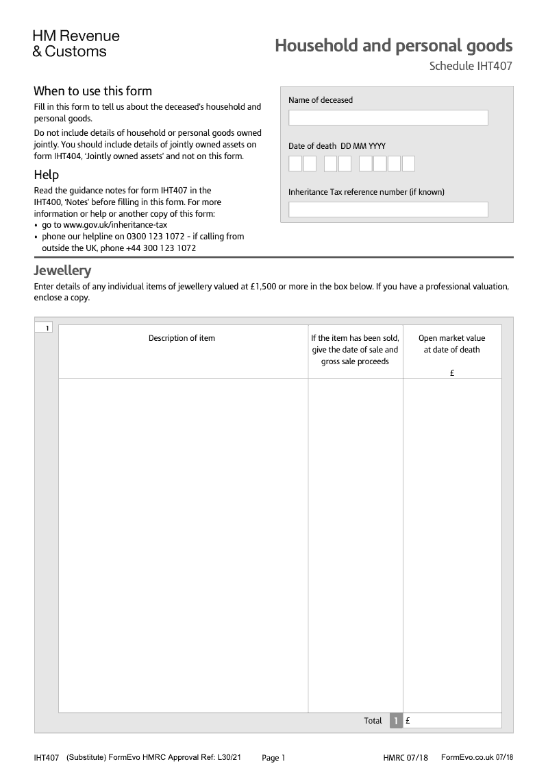 IHT407 Household and personal goods Schedule IHT407 preview
