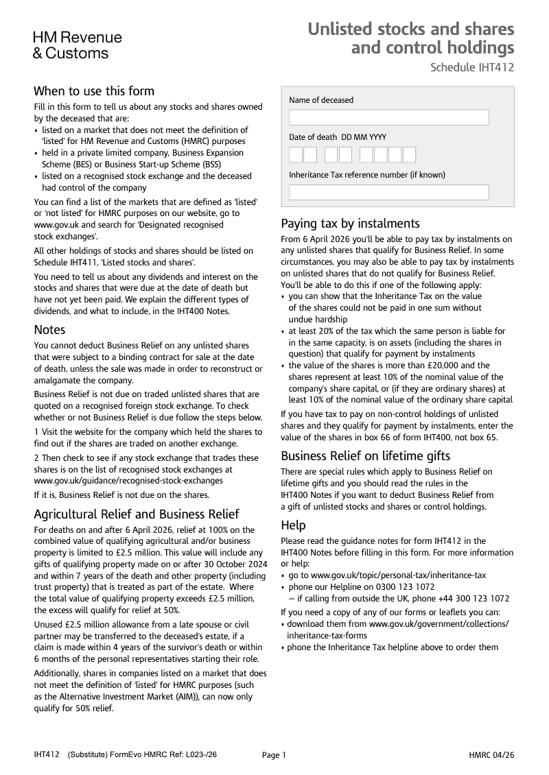 IHT412 Unlisted stocks and shares and control holdings Schedule IHT412 preview