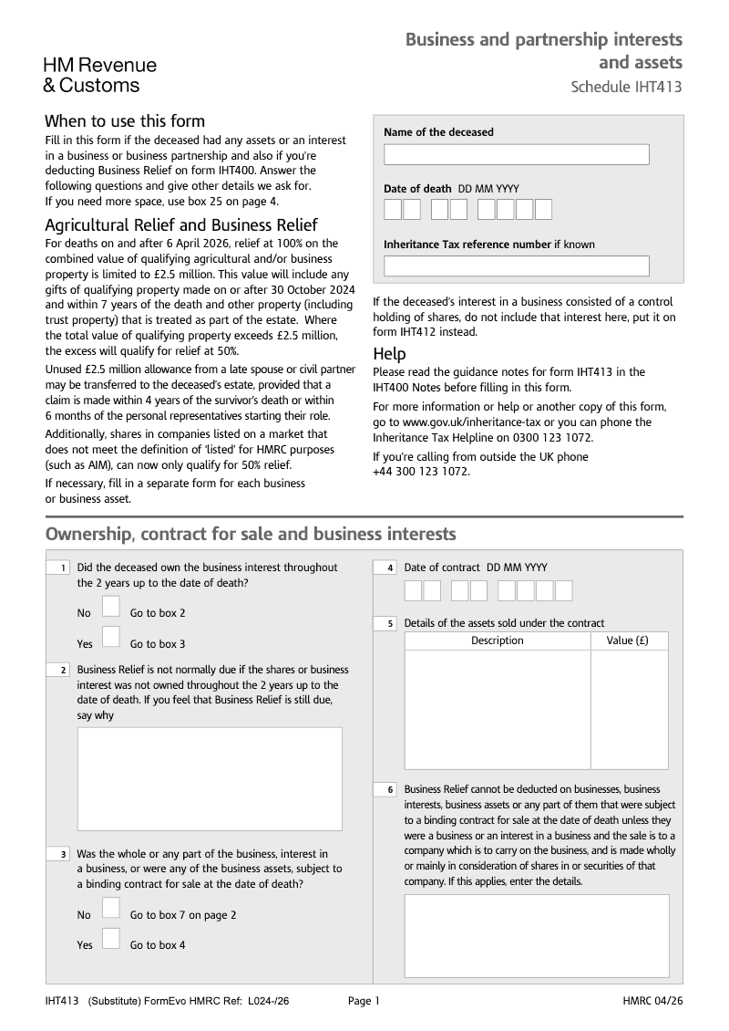 IHT413 Business and partnership interests and assets Schedule IHT413 preview