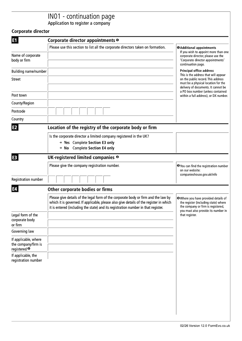 IN01 Continuation Page 4 Section E Corporate director appointments continuation page IN01 Application to register a company Section 9 preview