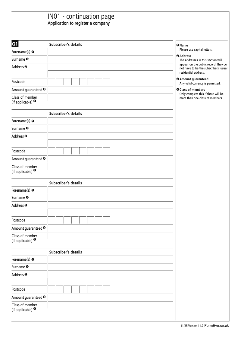 IN01 Continuation Page 8 Section G1 Subscribers continuation page IN01 Application to register a company Section 9 preview