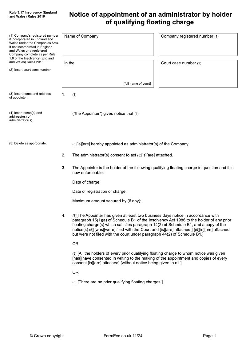INR3_17 Notice of appointment of an administrator by holder of qualifying floating charge preview