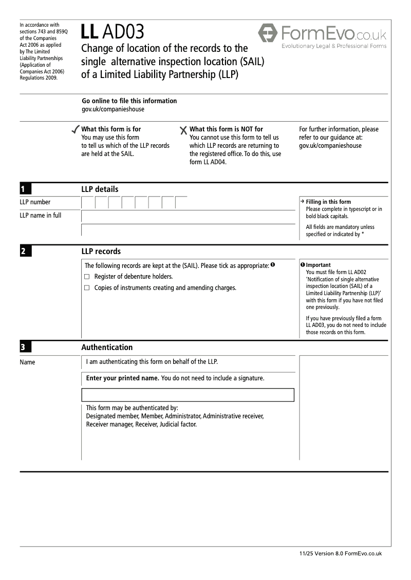 LL AD03 Change of location of the records to the single alternative inspection location SAIL of a Limited Liability Partnership LLP preview