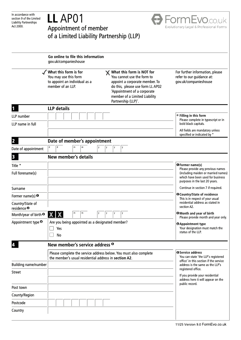 LL AP01 P Appointment of member of a Limited Liability Partnership LLP preview