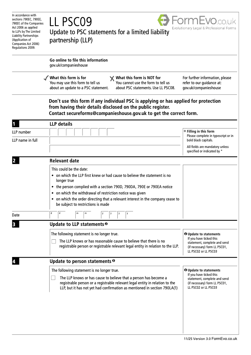 LL PSC09 Update to PSC statements for a limited liability partnership LLP Section 790M and 790ZA of the Companies Act 2006 preview