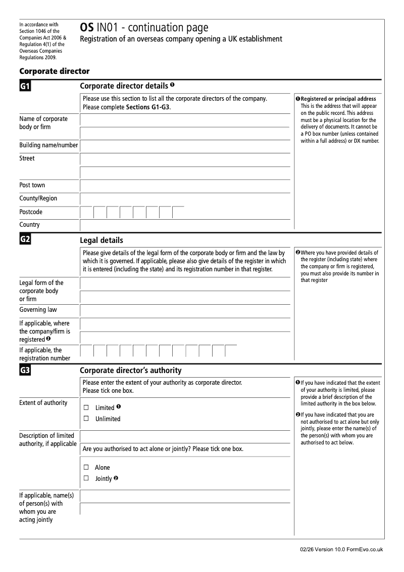 OS IN01 Continuation Page 4 Registration of an Overseas Company opening a UK establishment Corporate Director preview