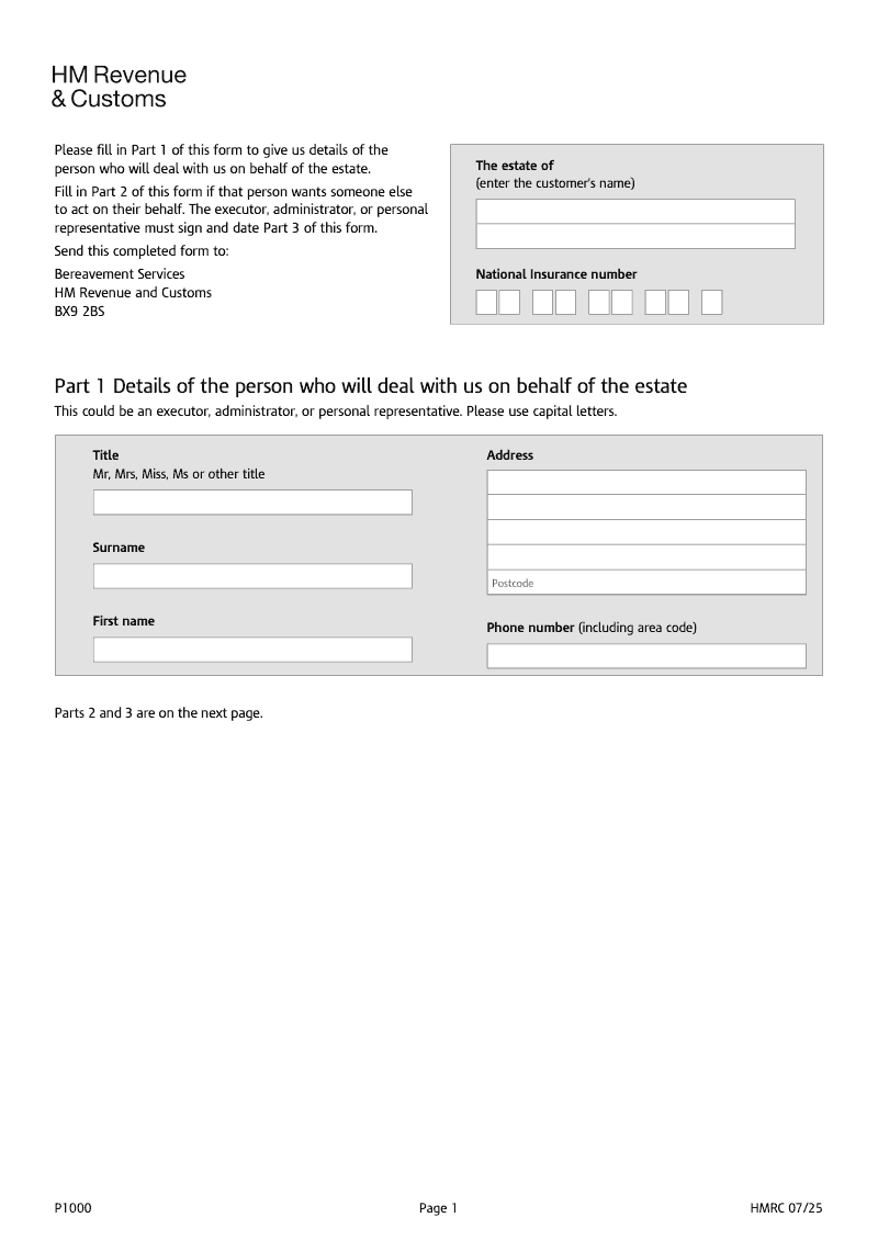 P1000 Tell HMRC about who is dealing with the estate when someone dies preview