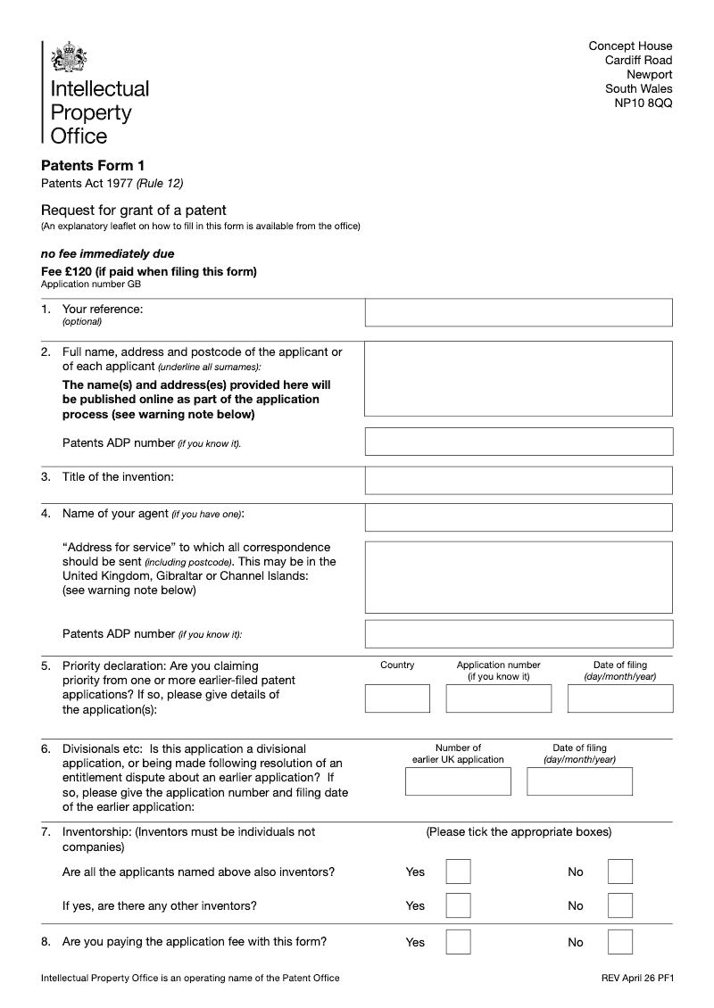 Patents Form 1 Request for grant of a patent Patents Act 1977 rule 12 preview