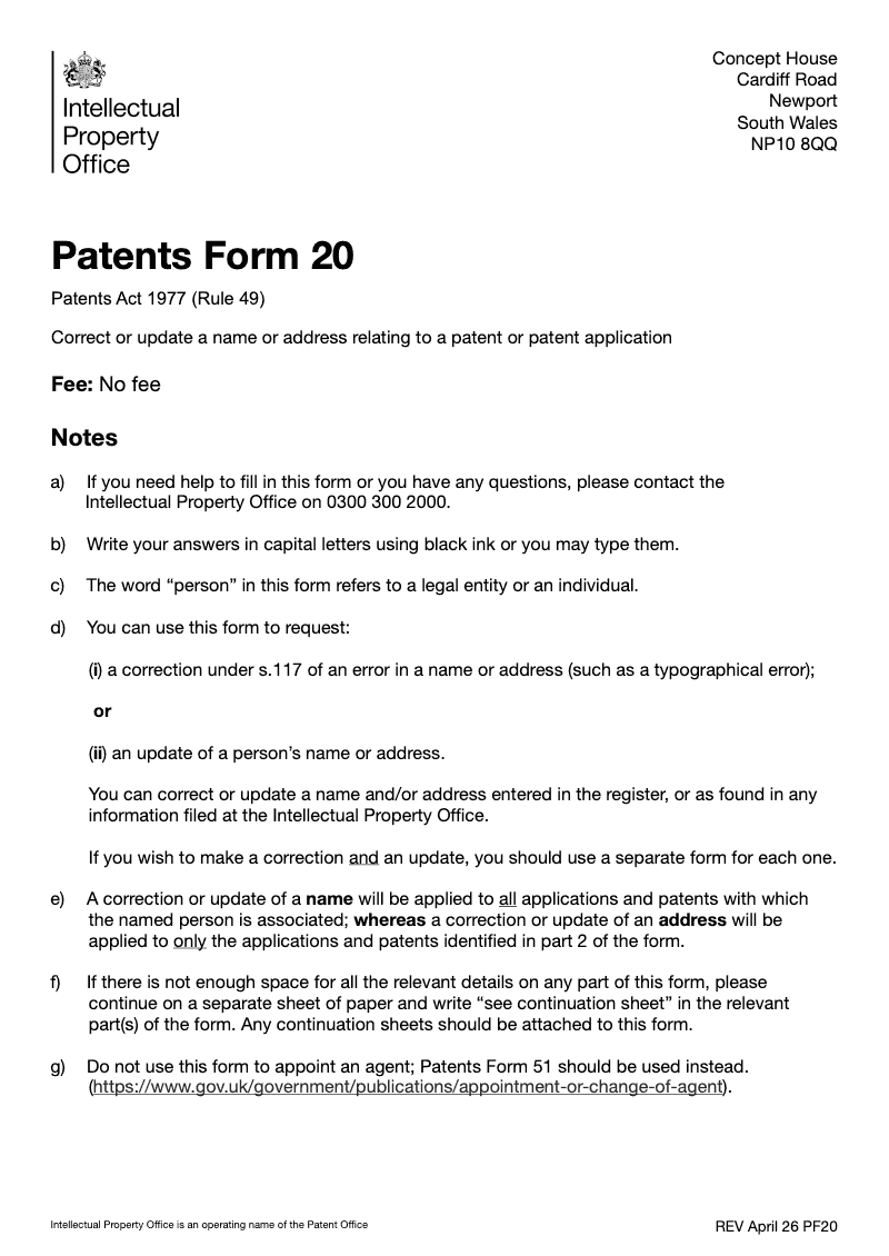 Patents Form 20 Request to correct a name or address Patents Act 1977 Rule 49 preview