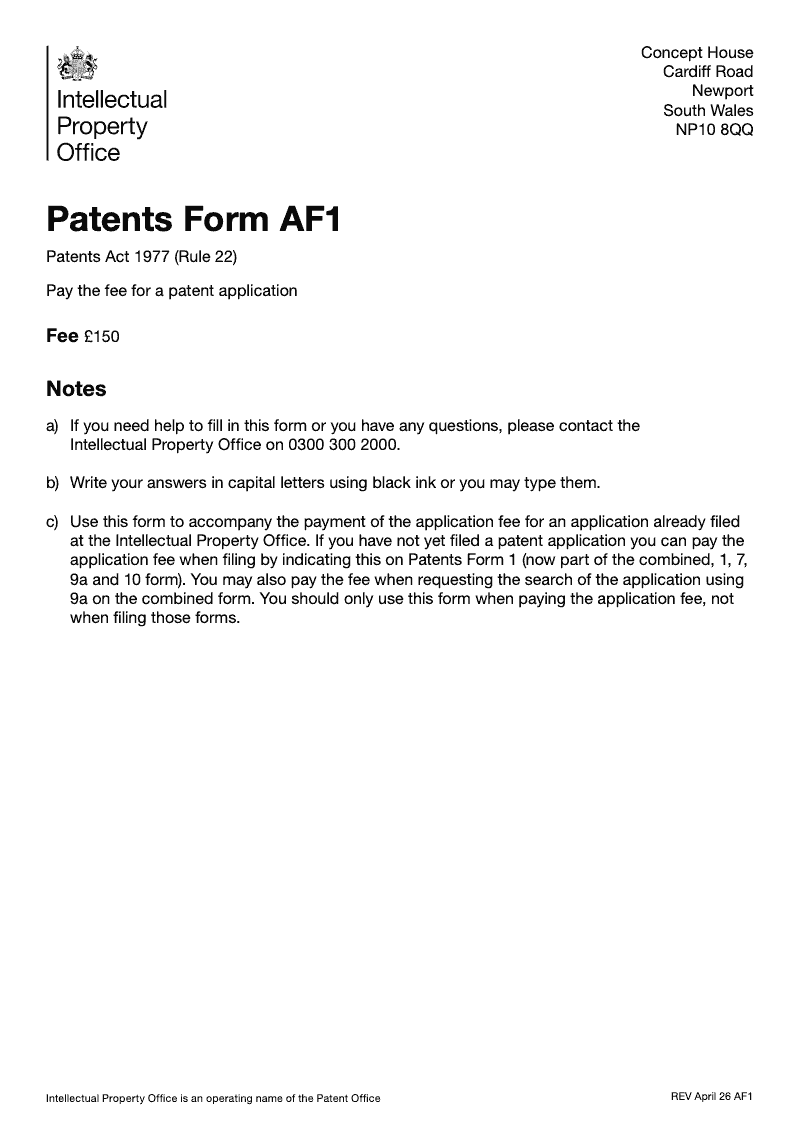 Patents Form AF1 Application fee for patent application Patents Act 1977 Rule 22 preview