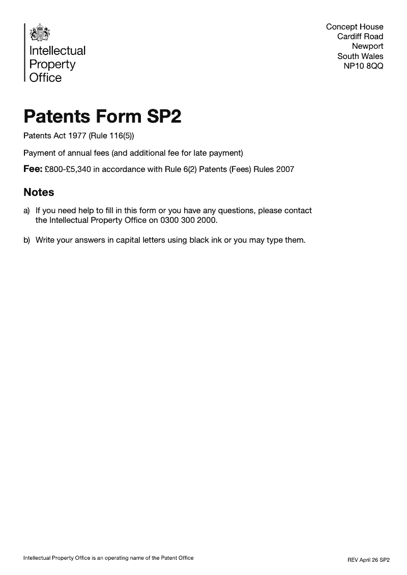 Patents Form SP2 Payment of annual fees and additional fee for late payment Patents Act 1977 Rule 116 5 preview