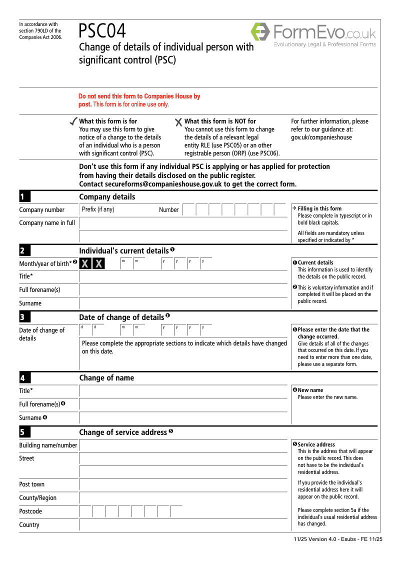 PSC04 Change of details of individual person with significant control PSC Section 790M and 790ZA of the Companies Act 2006 preview