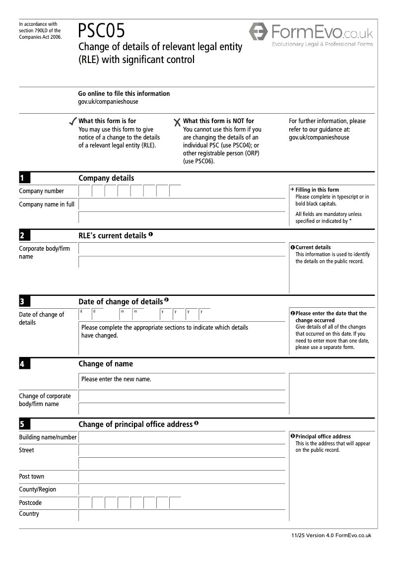 PSC05 Change of details of relevant legal entity RLE with significant control Section 790M and 790ZA of the Companies Act 2006 preview