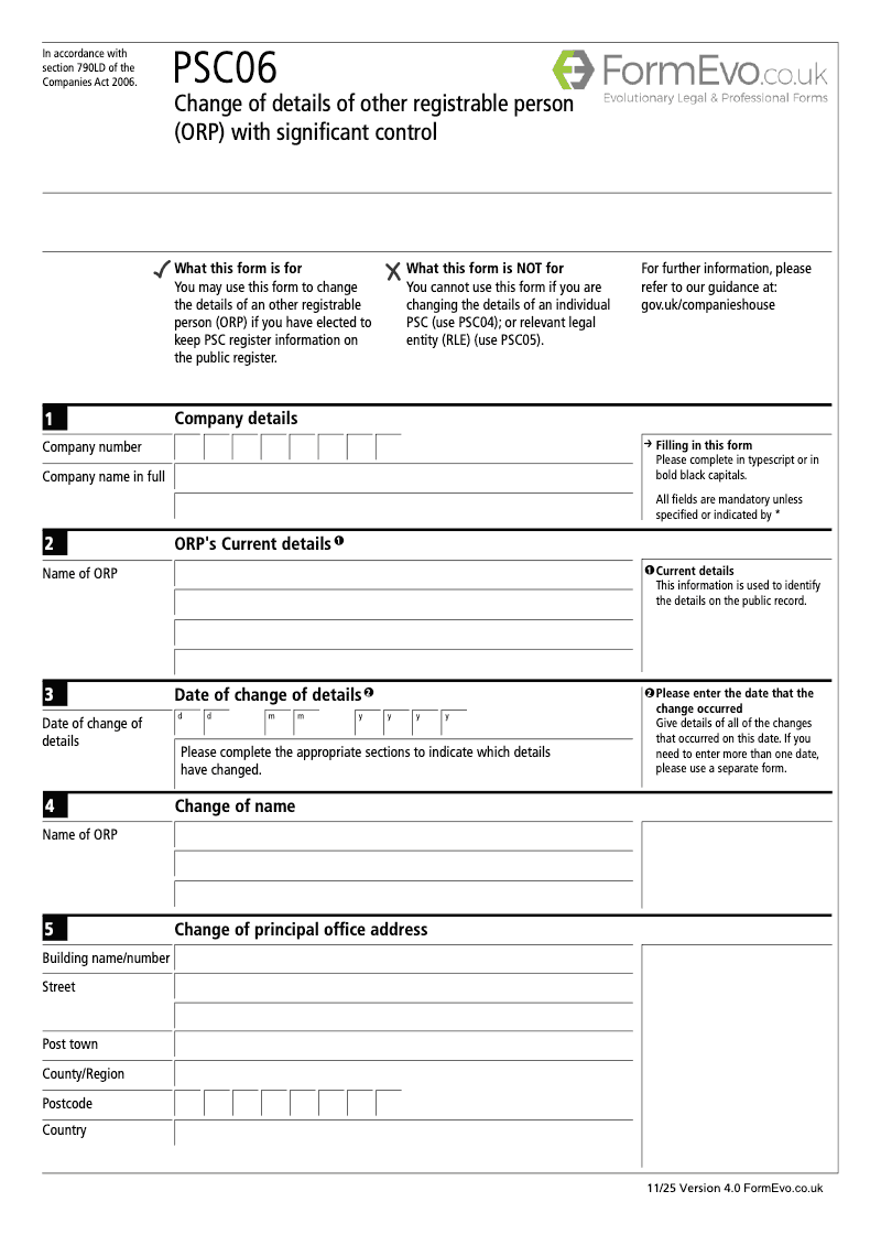 PSC06 Change of details of other registrable person ORP with significant control Section 790M and 790ZA of the Companies Act 2006 preview