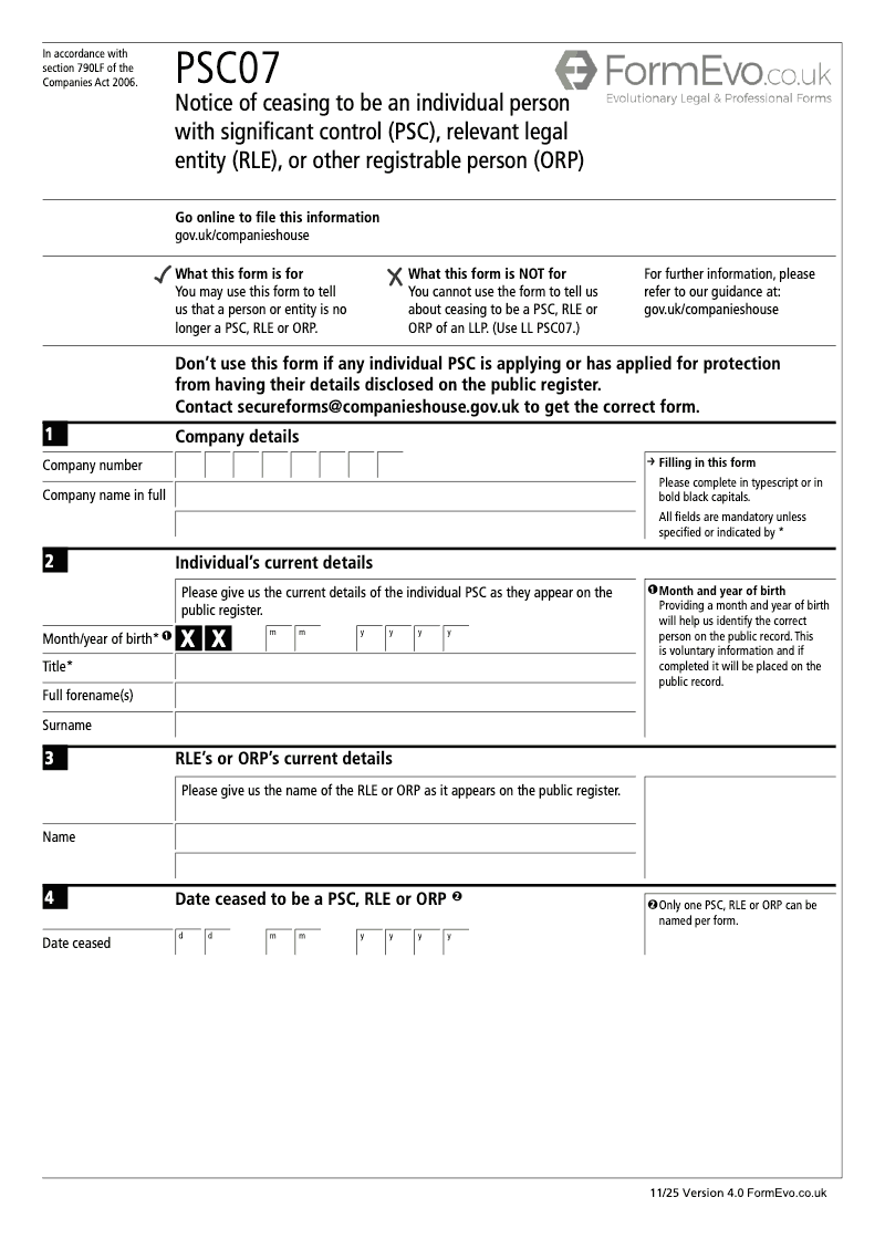 PSC07 Notice of ceasing to be an individual person with significant control PSC relevant legal entity RLE or other registrable person ORP Section 790VA and 790ZA of the Companies Act 2006 preview