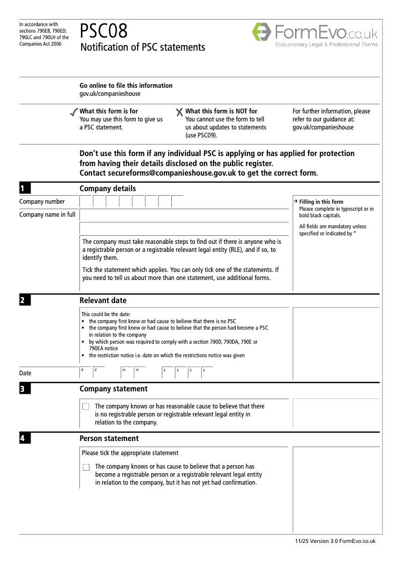 PSC08 Notification of PSC statements Section 790M and 790ZA of the Companies Act 2006 preview