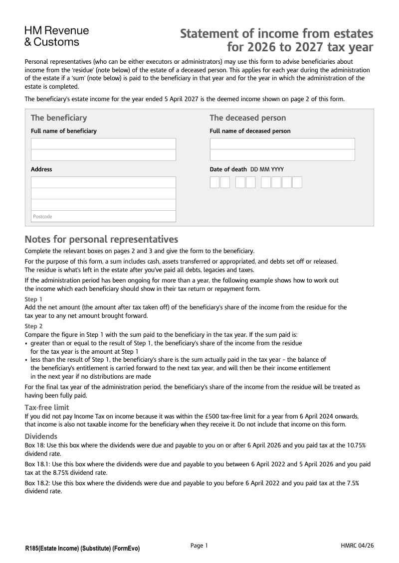 R185 Estate Income Statement of income from estates preview