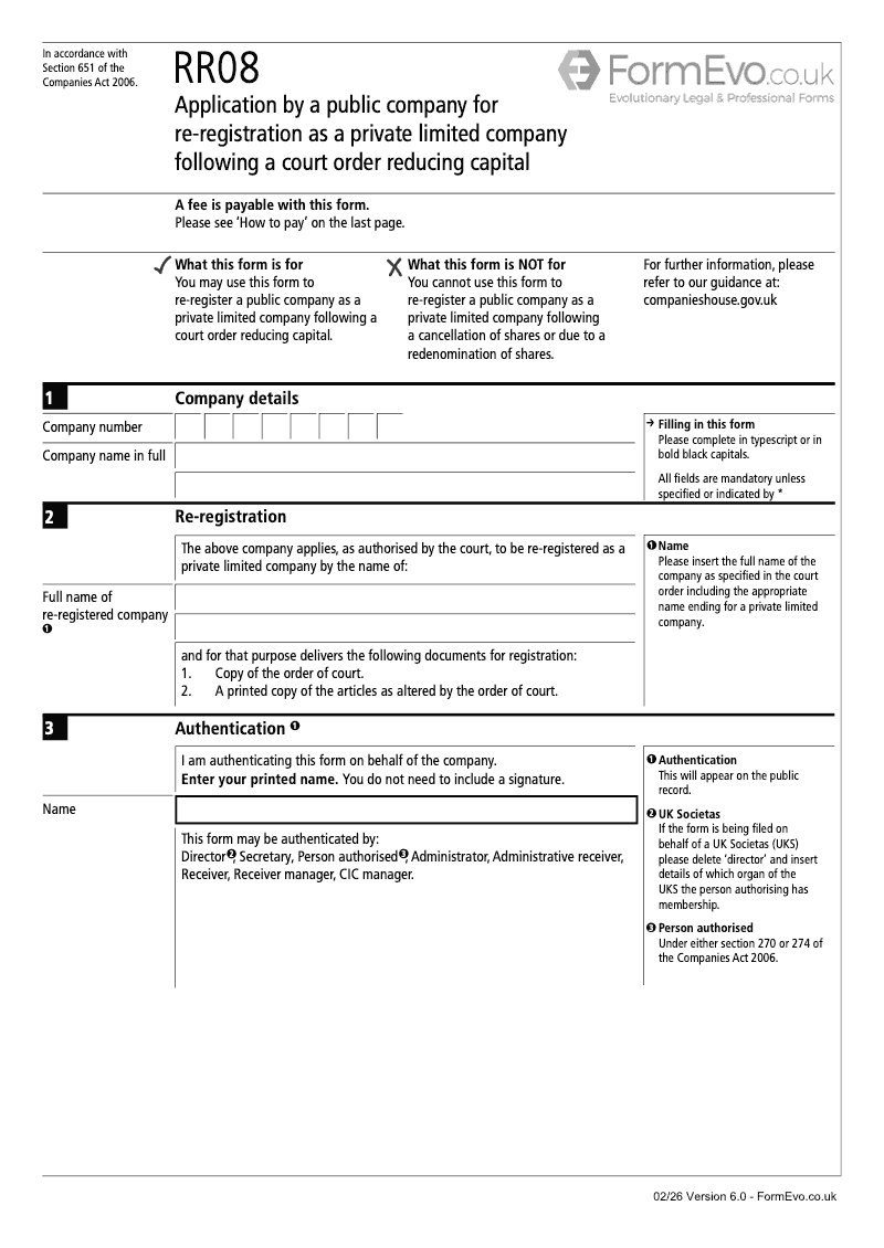 RR08 Application by a public company for re registration as a private limited company following a court order reducing capital Section 651 preview