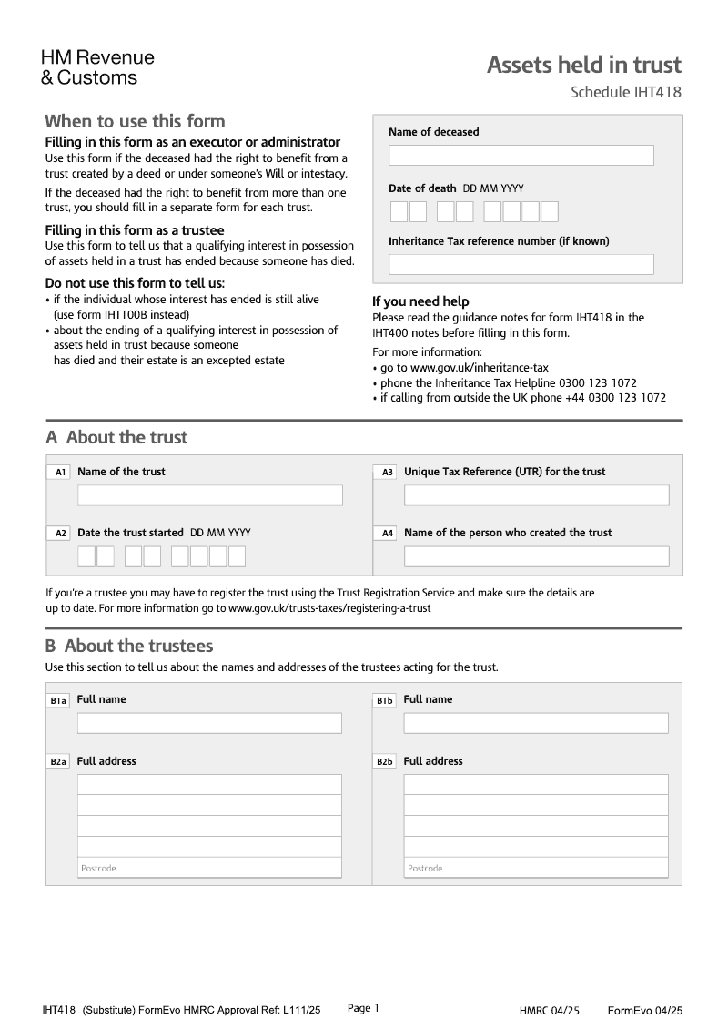 SA IHT418 Assets held in trust Schedule IHT418 Standalone version preview