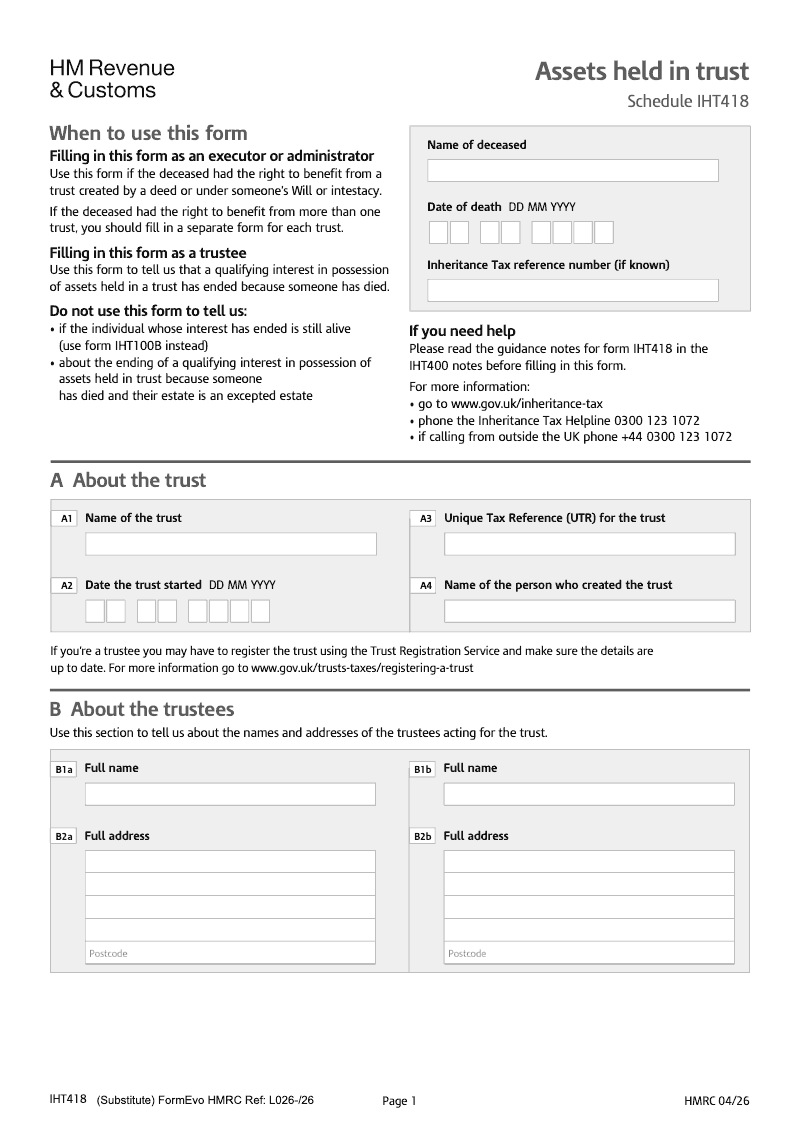 SA IHT418 Assets held in trust Schedule IHT418 Standalone version preview