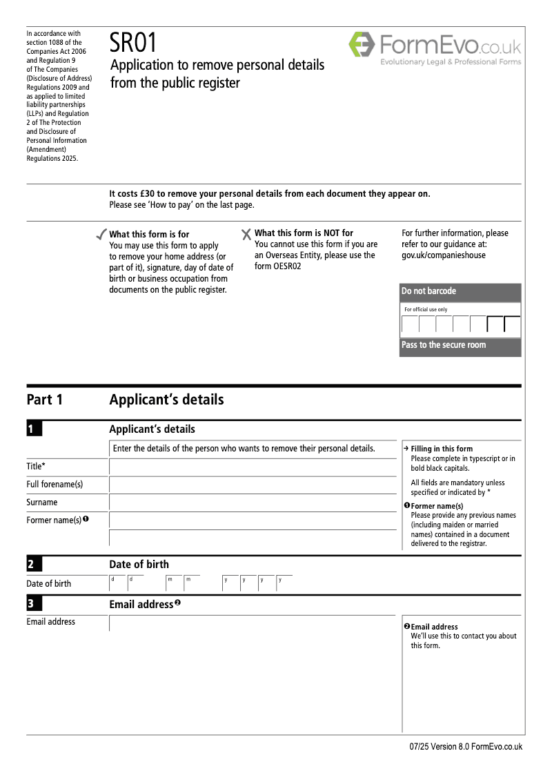 SR01 Application under section 1088 by an individual to make an address unavailable for public inspection preview
